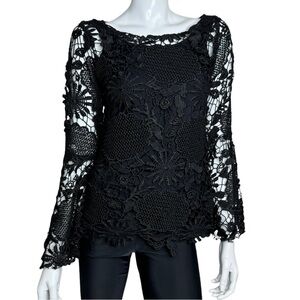 Label Sheer Lace Statement Poet Sleeves Black Blouse‎